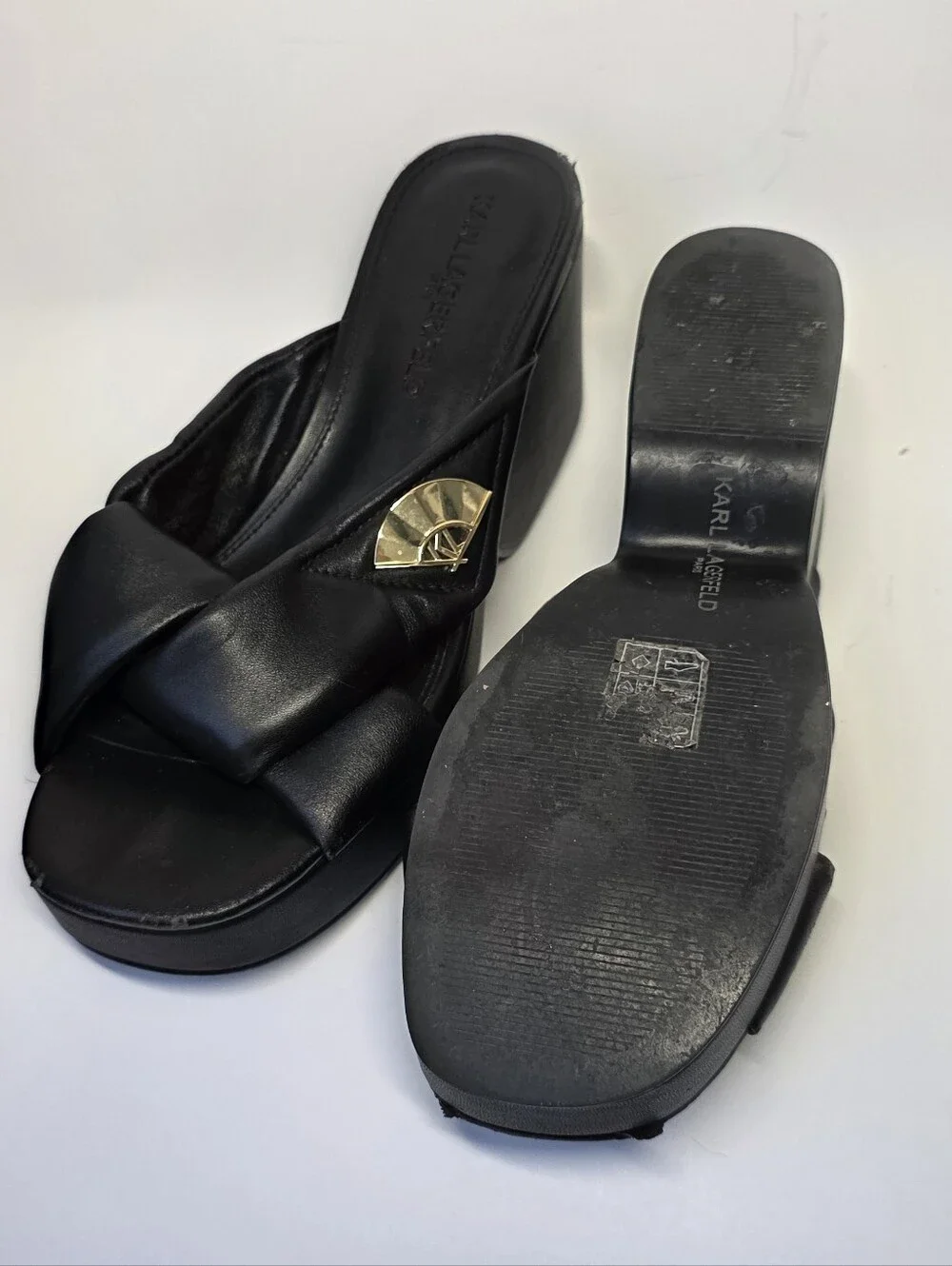 Karl Lagerfeld Black Platform Slide Wedges with Gold Fan Detail